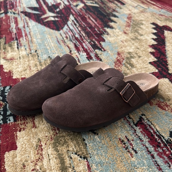 Dark Brown Suede Loafers with Adjustable Buckle and Contoured Footbed - Picture 1 of 5